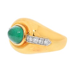 David Webb 18k Yellow Gold Cabochon Emerald Diamond Ring