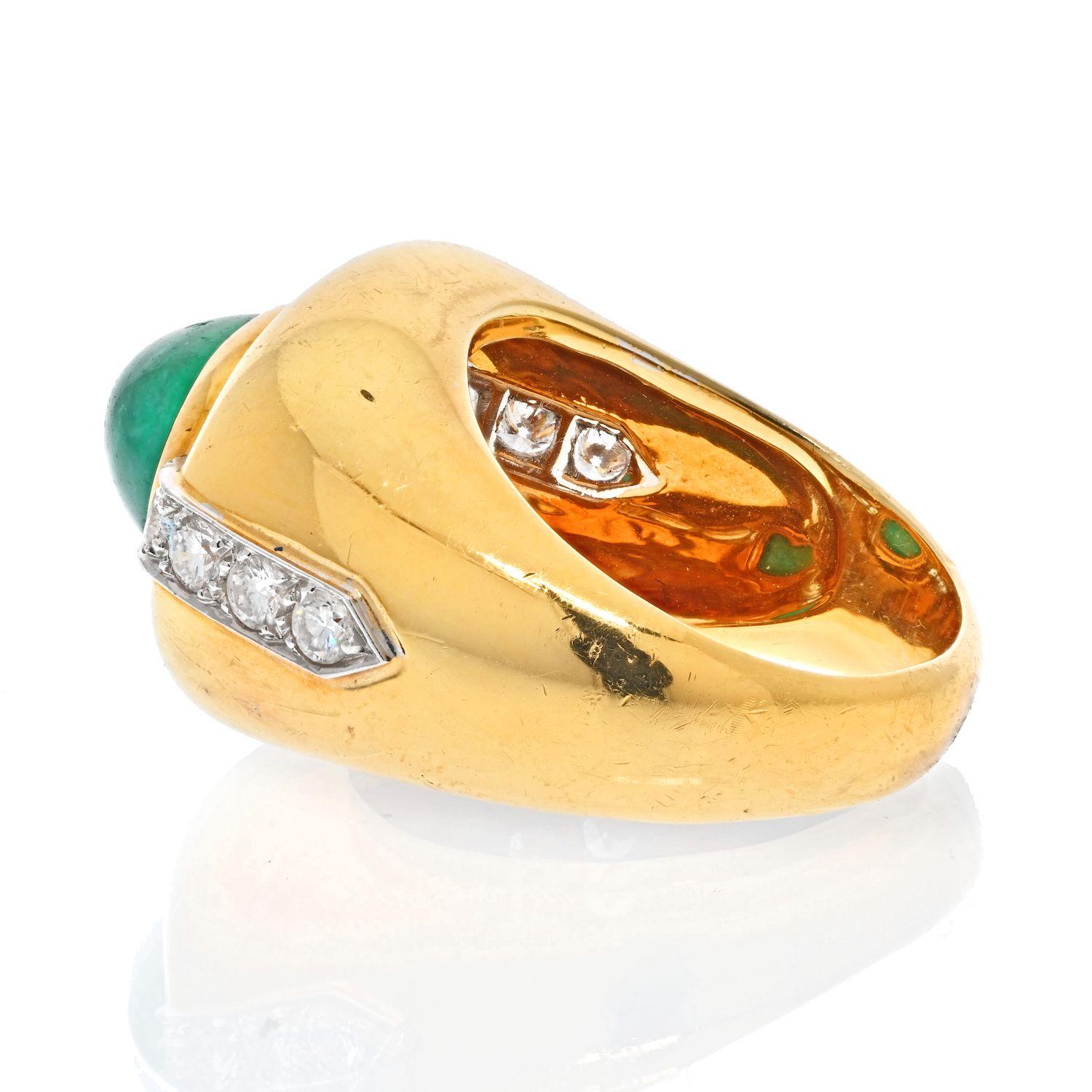 Modern David Webb 18k Yellow Gold Cabochon Emerald Diamond Ring For Sale