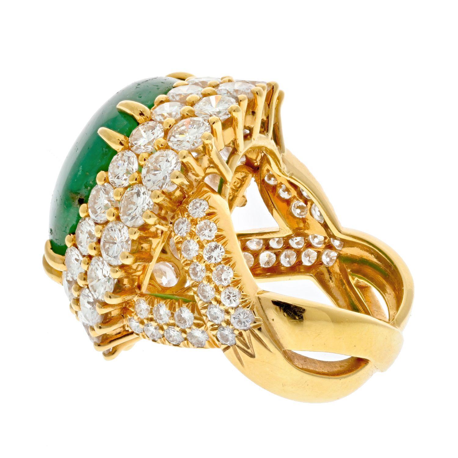 Modern David Webb 18K Yellow Gold Cabochon Emerald Diamond Ring