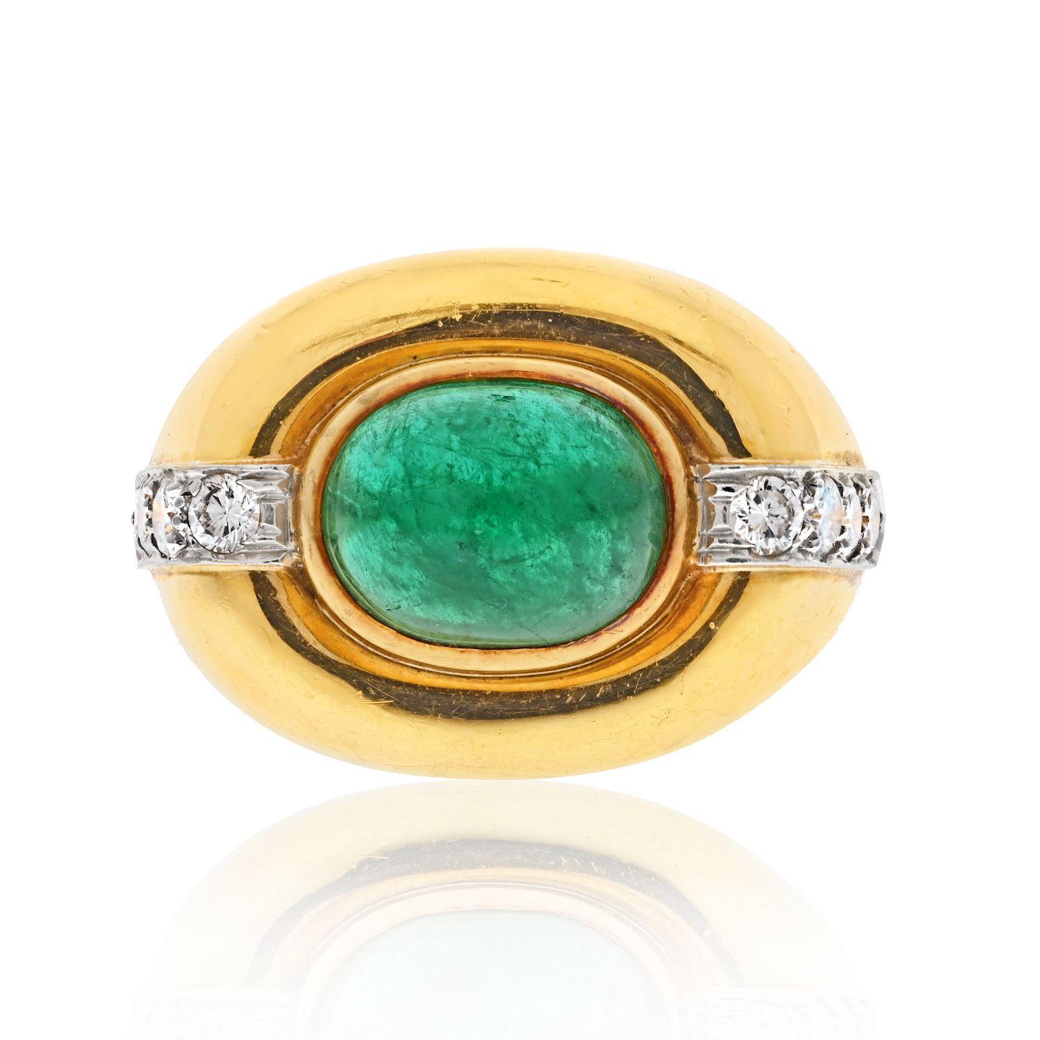Emerald Cut David Webb 18k Yellow Gold Cabochon Emerald Diamond Ring For Sale