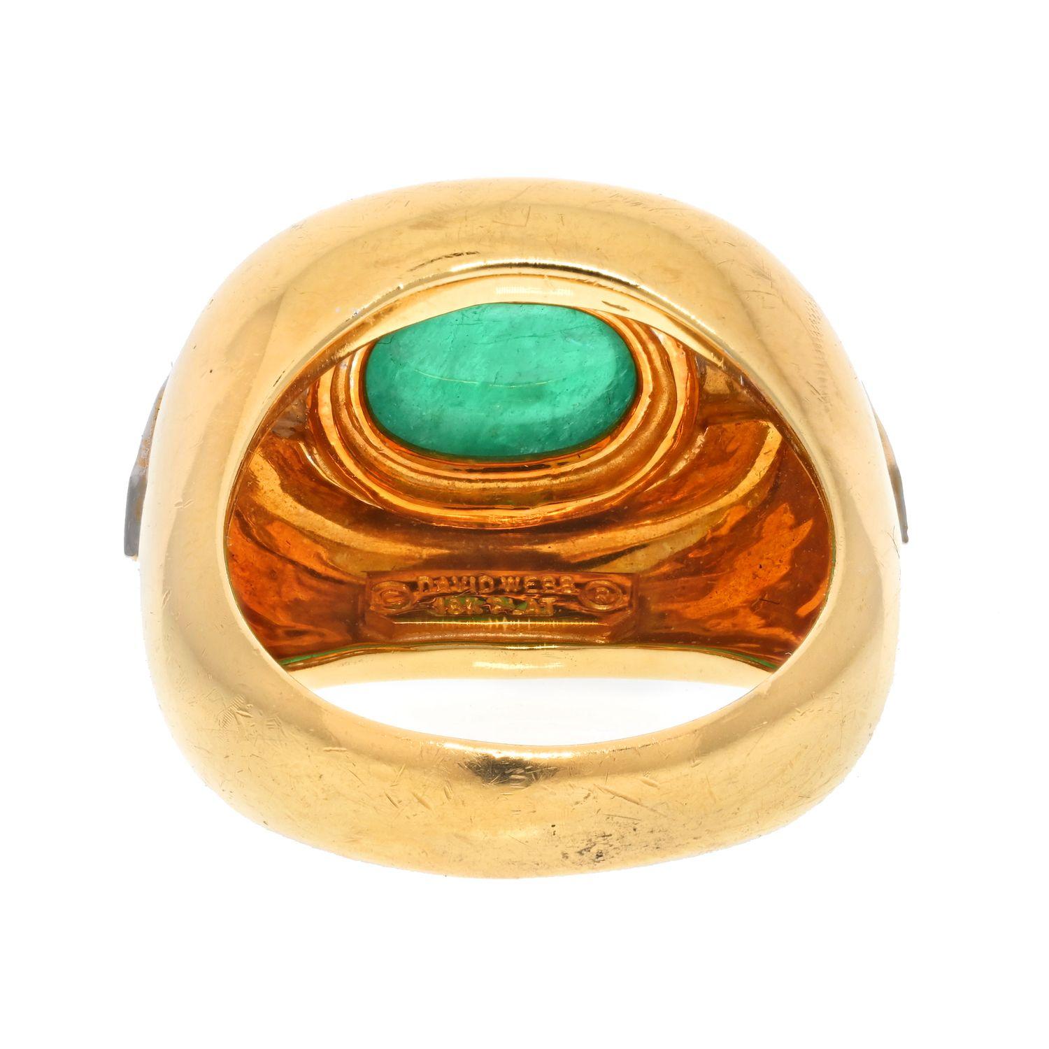 Women's David Webb 18k Yellow Gold Cabochon Emerald Diamond Ring For Sale