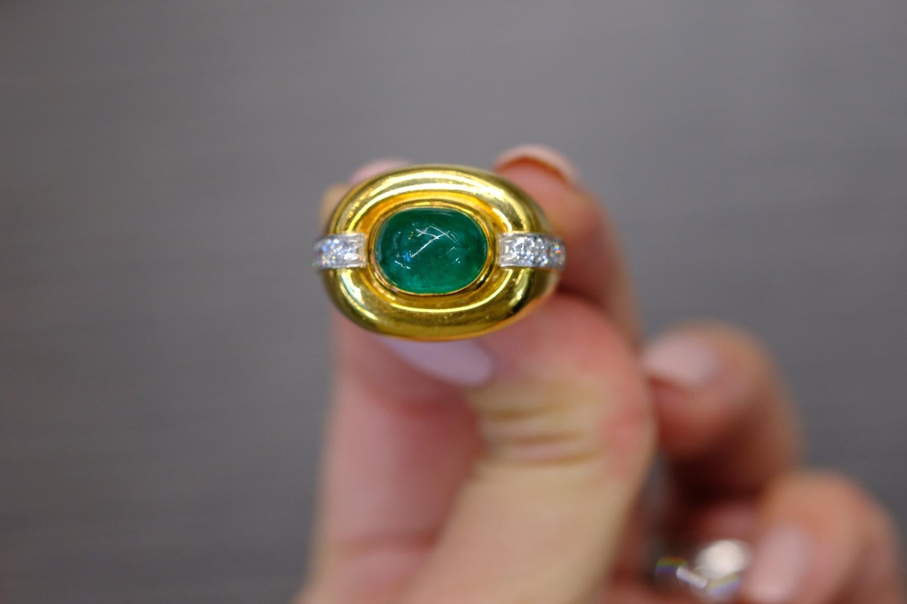 David Webb 18k Yellow Gold Cabochon Emerald Diamond Ring For Sale 2