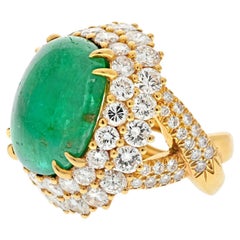 David Webb 18K Yellow Gold Cabochon Emerald Diamond Ring