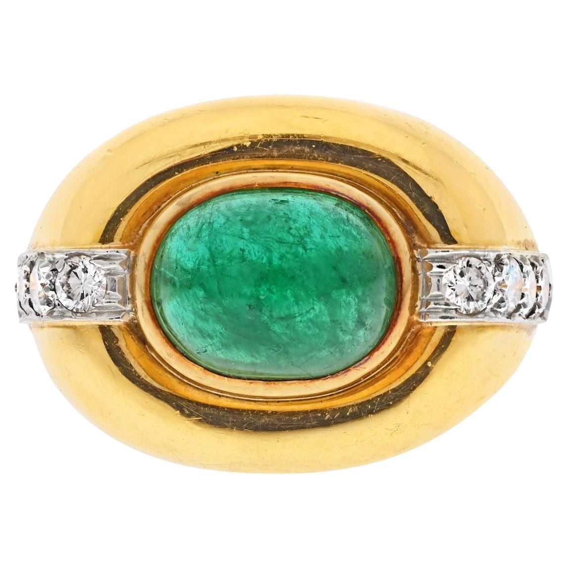 David Webb 18k Yellow Gold Cabochon Emerald Diamond Ring