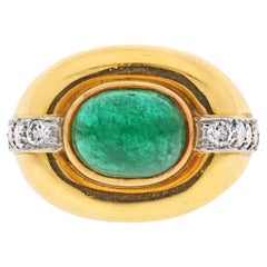 Vintage David Webb 18k Yellow Gold Cabochon Emerald Diamond Ring