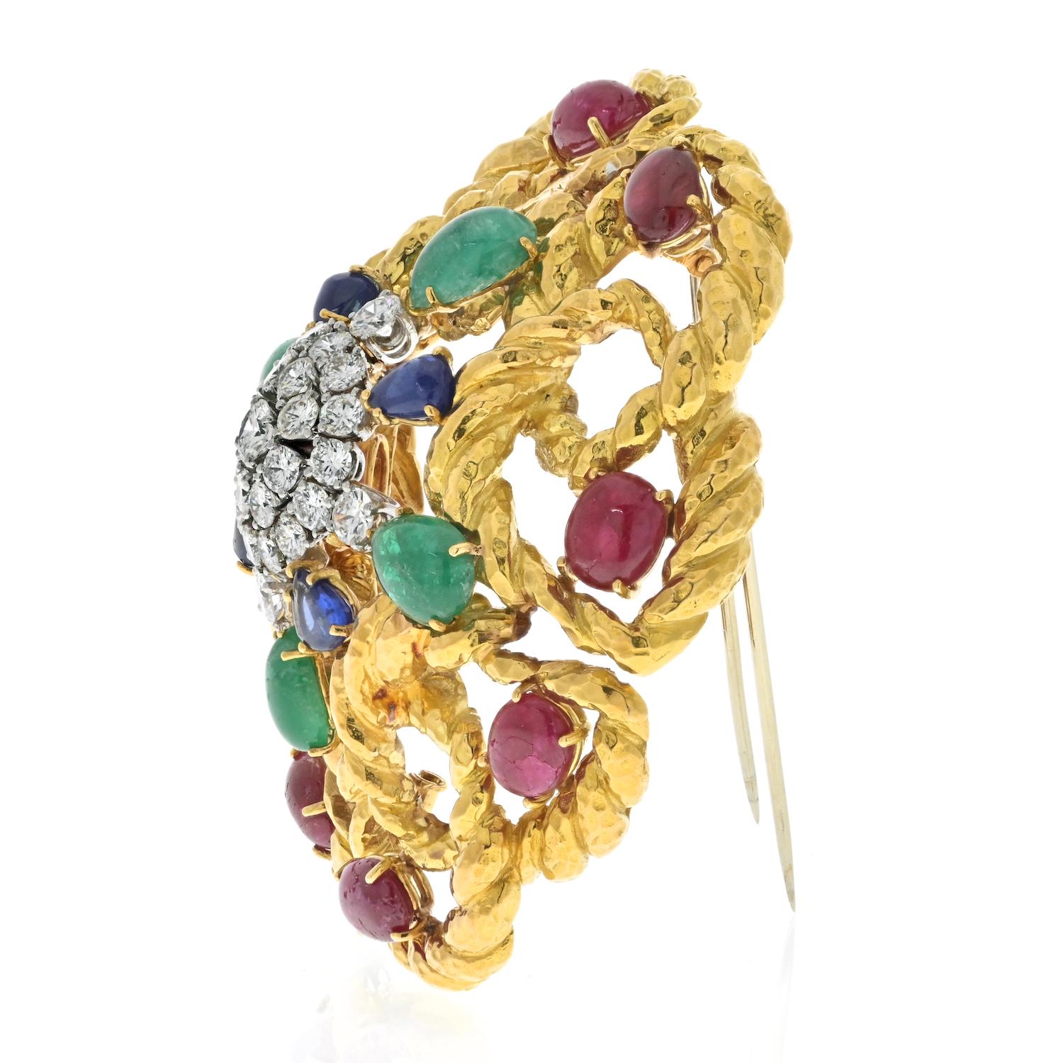 Modern David Webb 18K Yellow Gold Cabochon Emerald, Ruby And Diamond Openwork Brooch For Sale