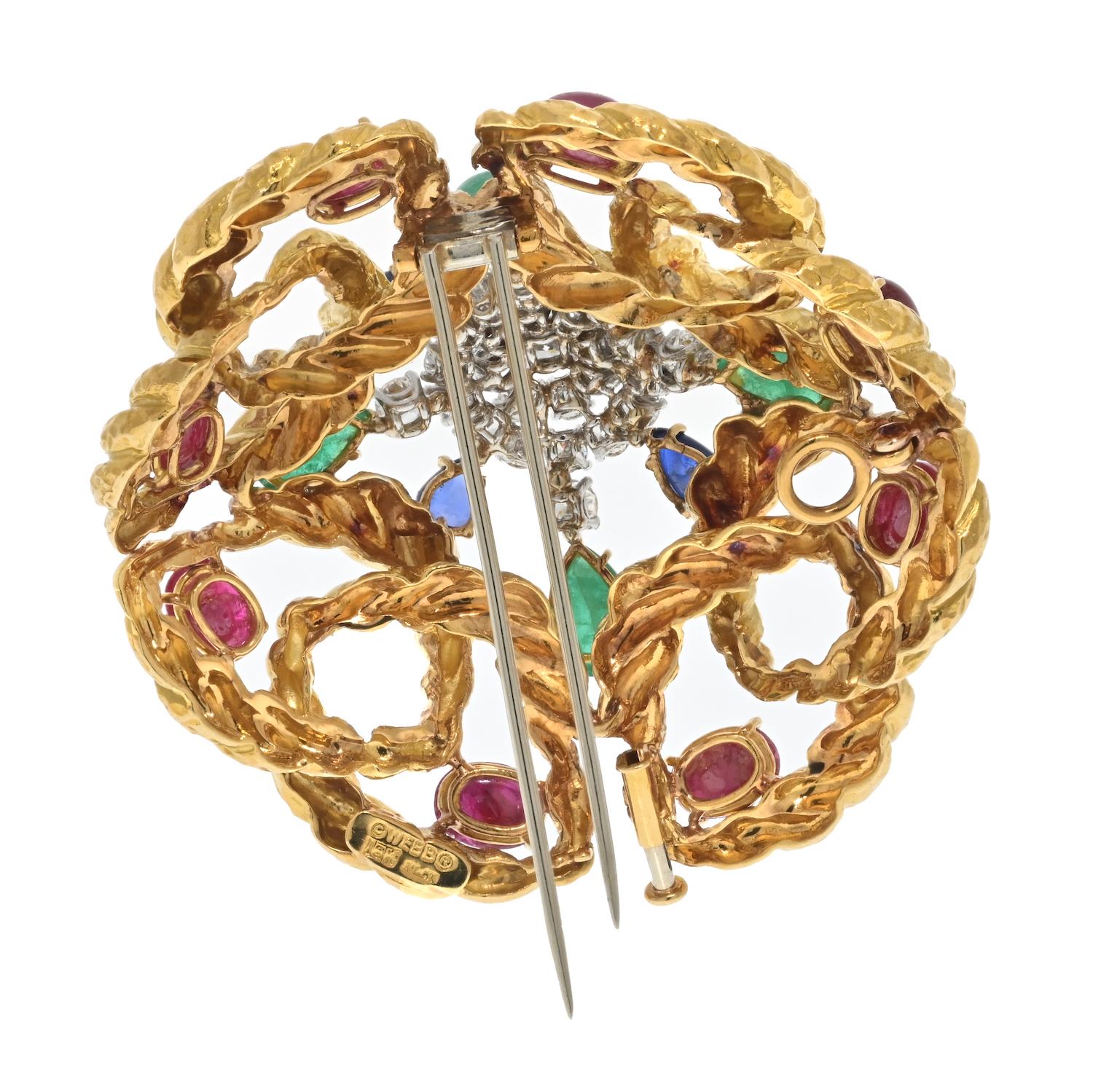 Women's David Webb 18K Yellow Gold Cabochon Emerald, Ruby And Diamond Openwork Brooch For Sale