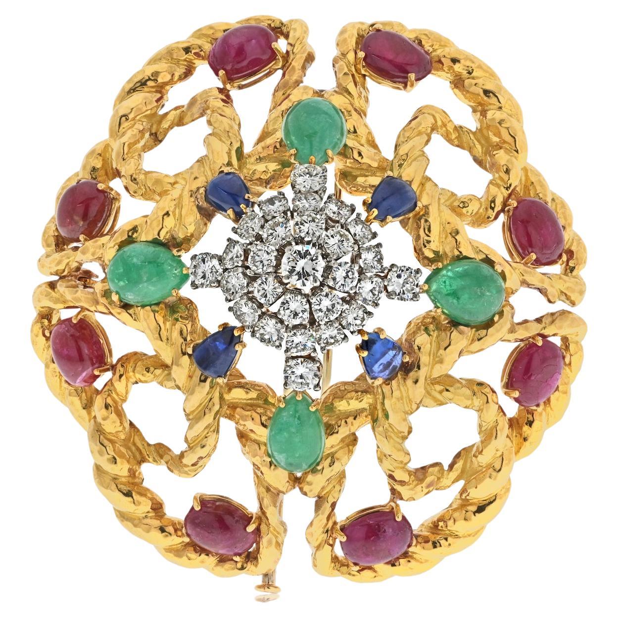 Offene Brosche aus 18 Karat Gelbgold mit Smaragd, Rubin und Diamanten im Cabochonschliff von David Webb