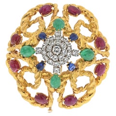 Offene Brosche aus 18 Karat Gelbgold mit Smaragd, Rubin und Diamanten im Cabochonschliff von David Webb