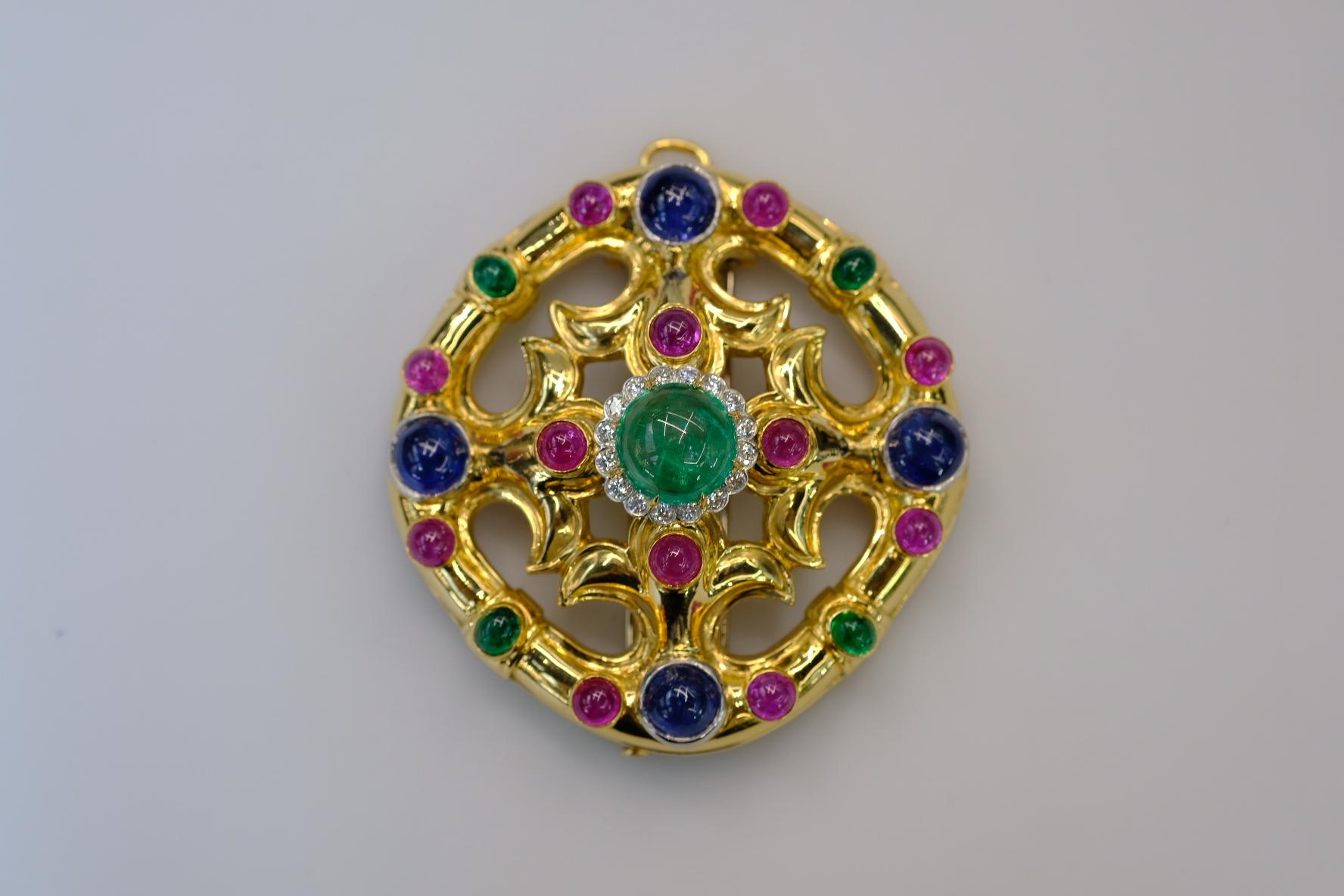 David Webb 18K Yellow Gold Cabochon Emerald, Sapphire, Ruby And Diamond Brooch For Sale 4