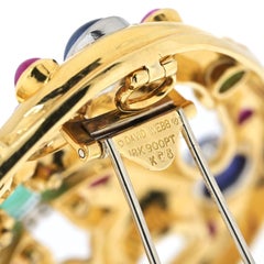 David Webb 18K Yellow Gold Cabochon Emerald, Sapphire, Ruby And Diamond Brooch