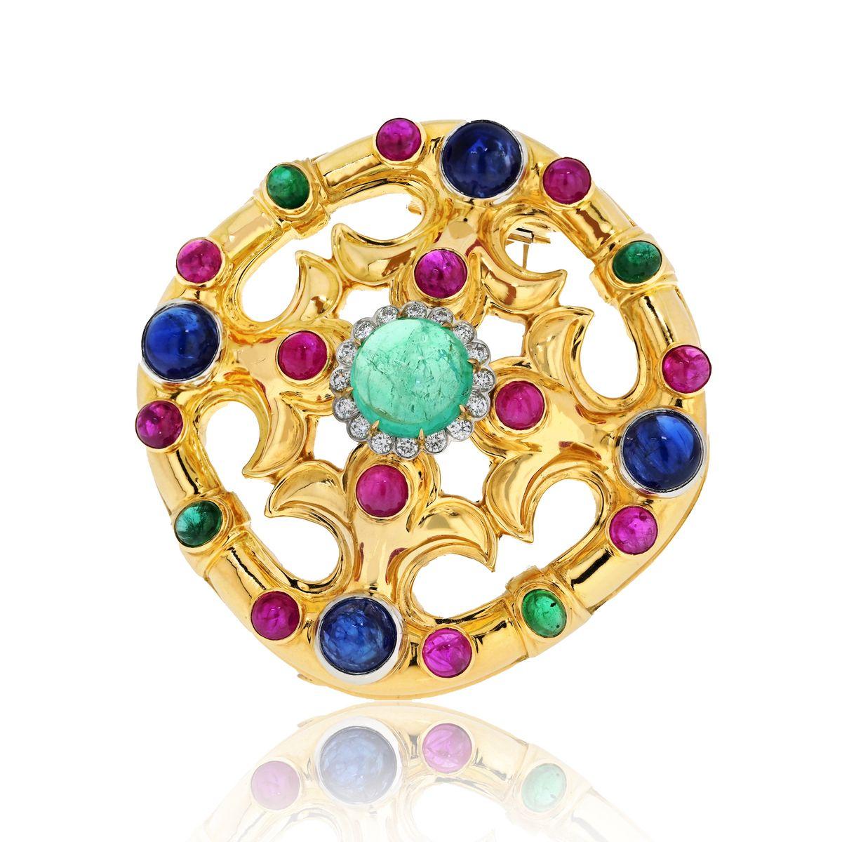 Women's David Webb 18K Yellow Gold Cabochon Emerald, Sapphire, Ruby And Diamond Brooch For Sale