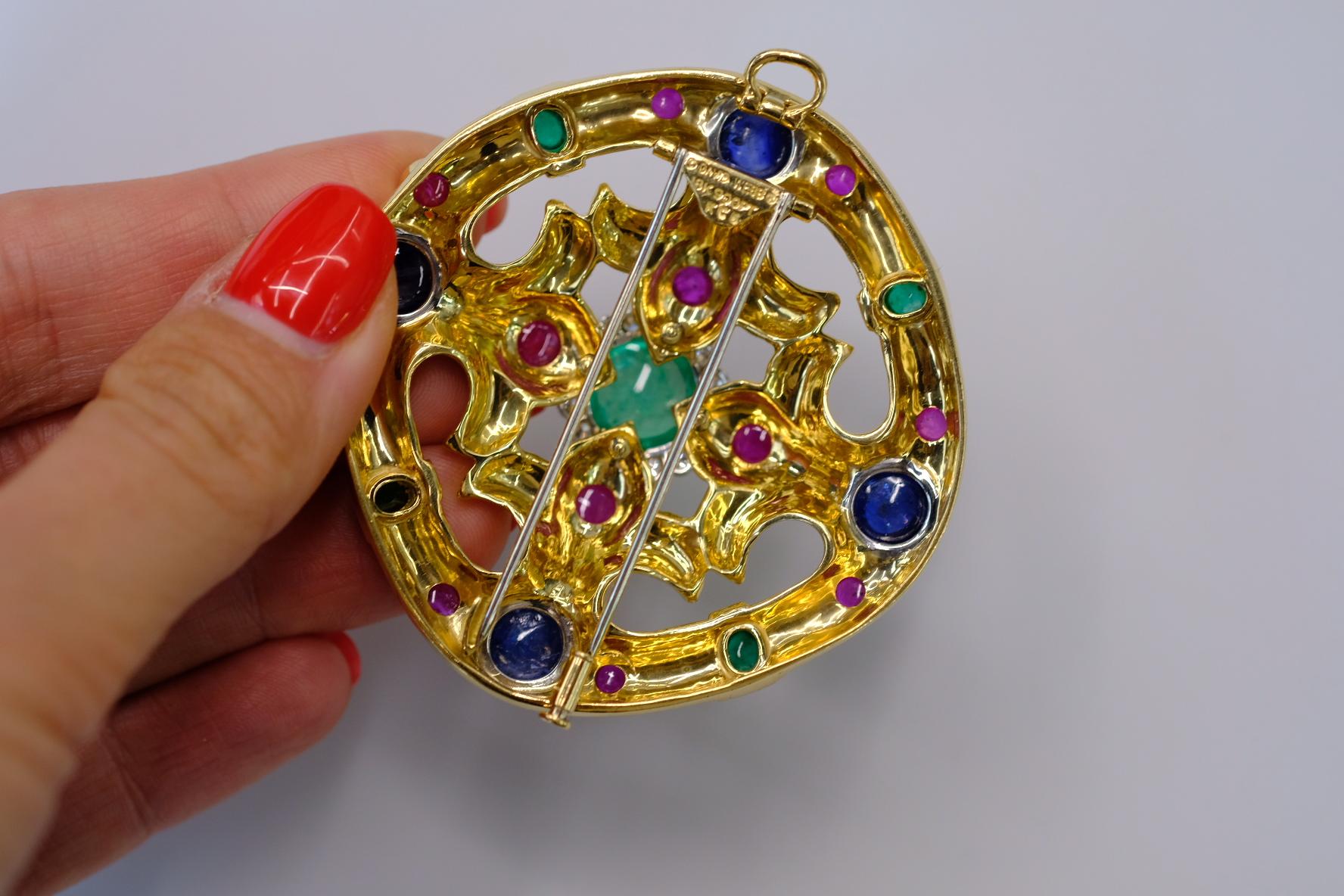 David Webb 18K Yellow Gold Cabochon Emerald, Sapphire, Ruby And Diamond Brooch For Sale 3