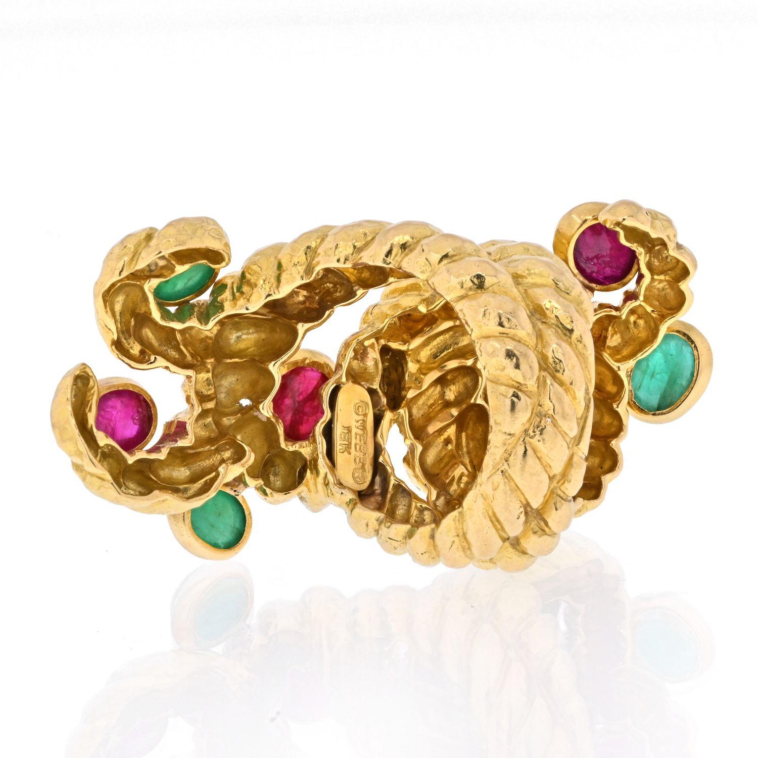 Modern David Webb 18K Yellow Gold Cabochon Ruby, Green Emerald Serpent Ring For Sale