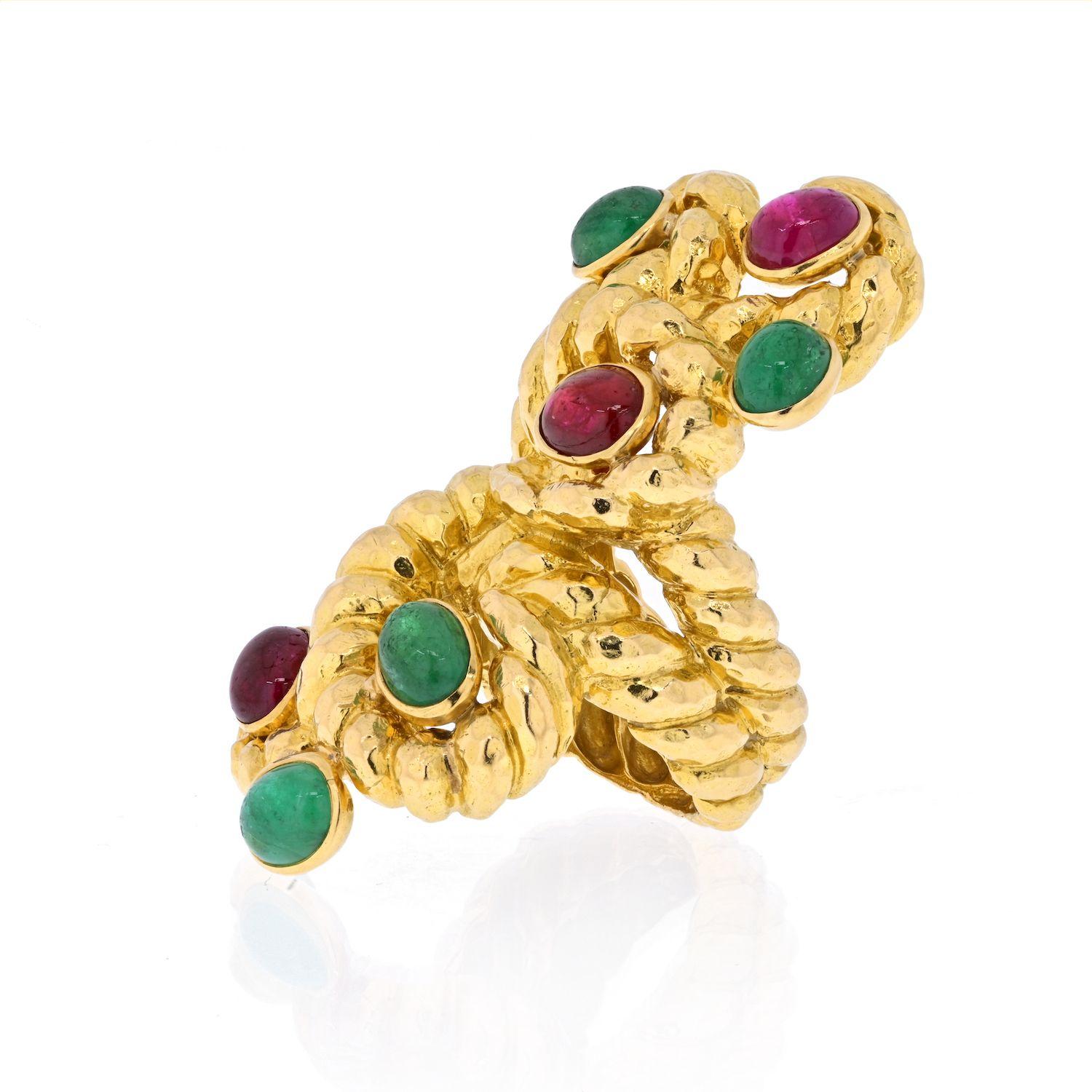 David Webb 18K Yellow Gold Cabochon Ruby, Green Emerald Serpent Ring In Excellent Condition For Sale In New York, NY