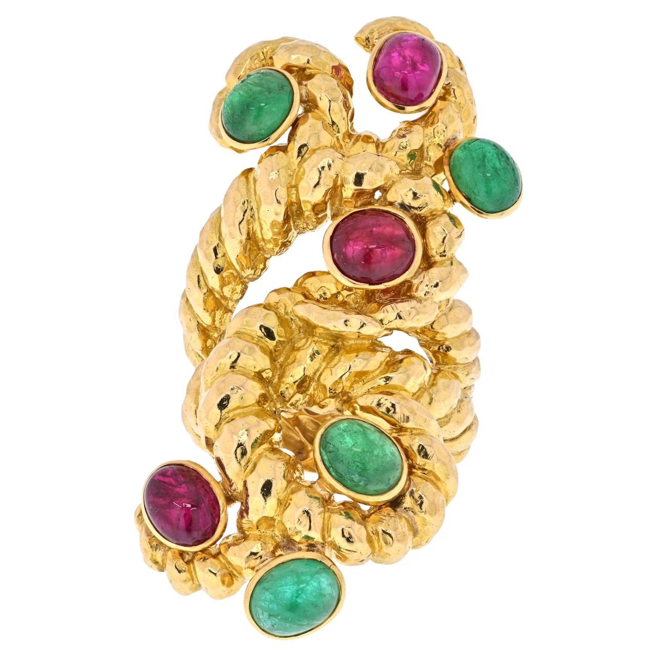 David Webb 18K Yellow Gold Cabochon Ruby, Green Emerald Serpent Ring For Sale
