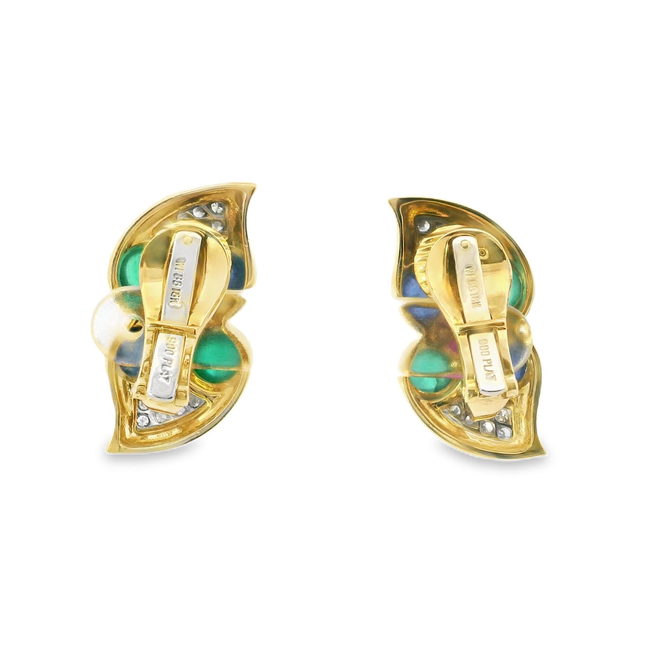 Women's or Men's David Webb 18K Yellow Gold Cabochon Sapphire, Emerald, Ruby and Diamond Earrings For Sale