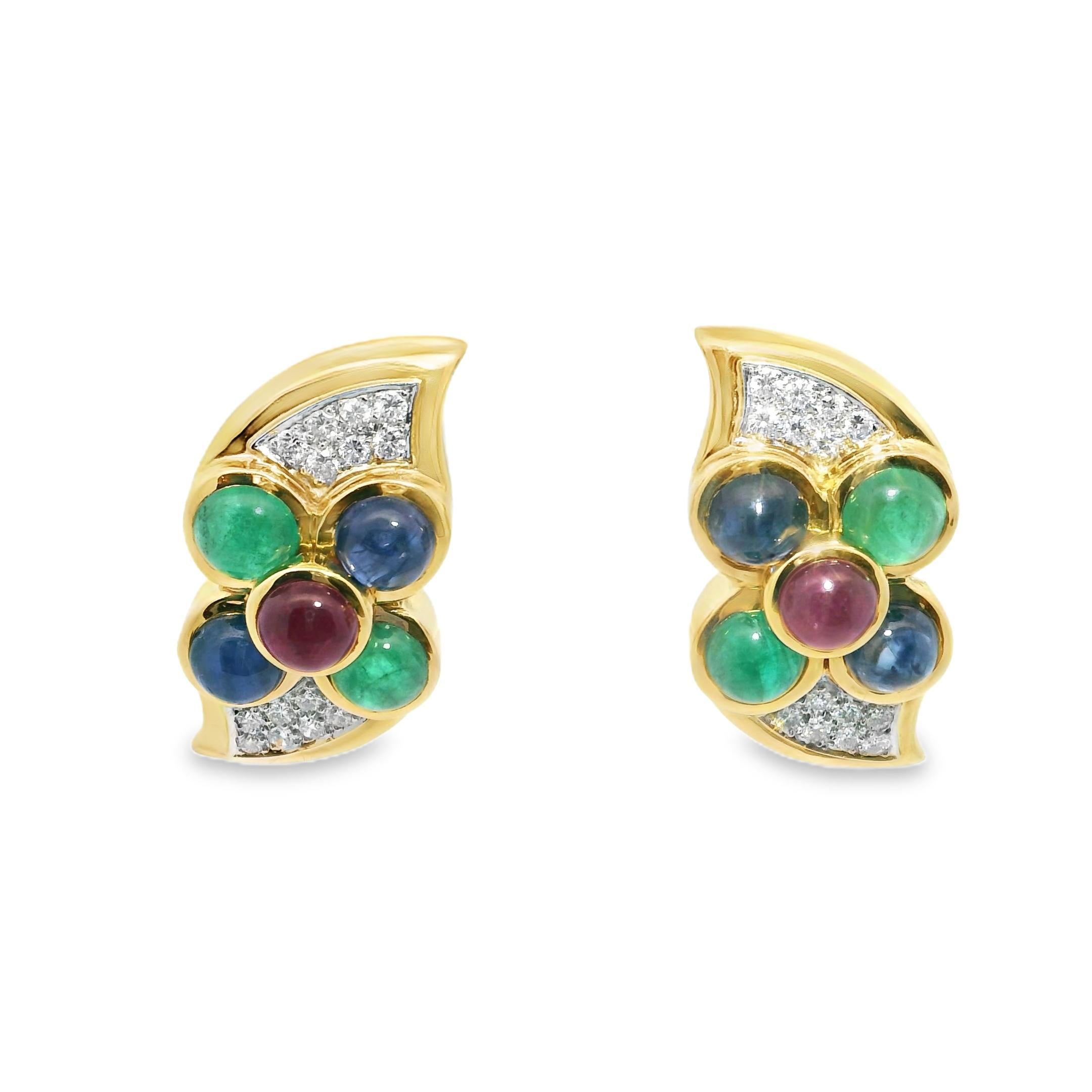David Webb 18K Yellow Gold Cabochon Sapphire, Emerald, Ruby and Diamond Earrings For Sale 1