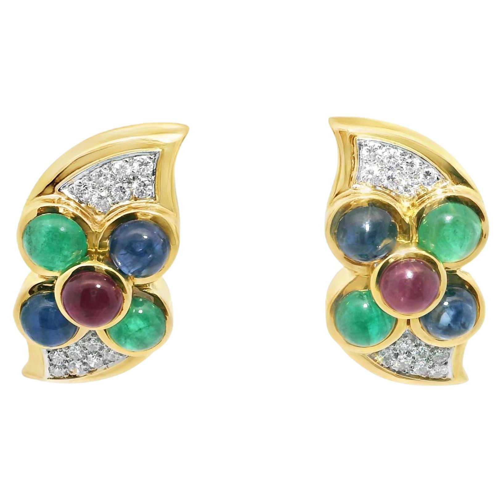 David Webb 18K Yellow Gold Cabochon Sapphire, Emerald, Ruby and Diamond Earrings For Sale