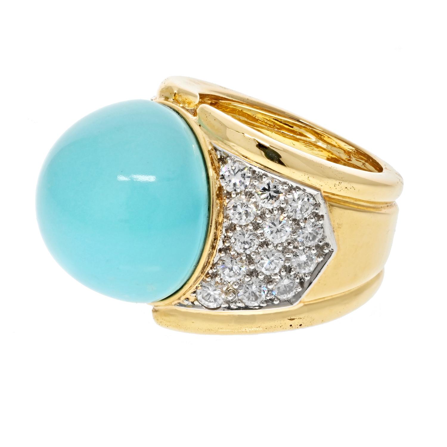 Modern David Webb 18K Yellow Gold Cabochon Turquoise And Diamond Ring For Sale