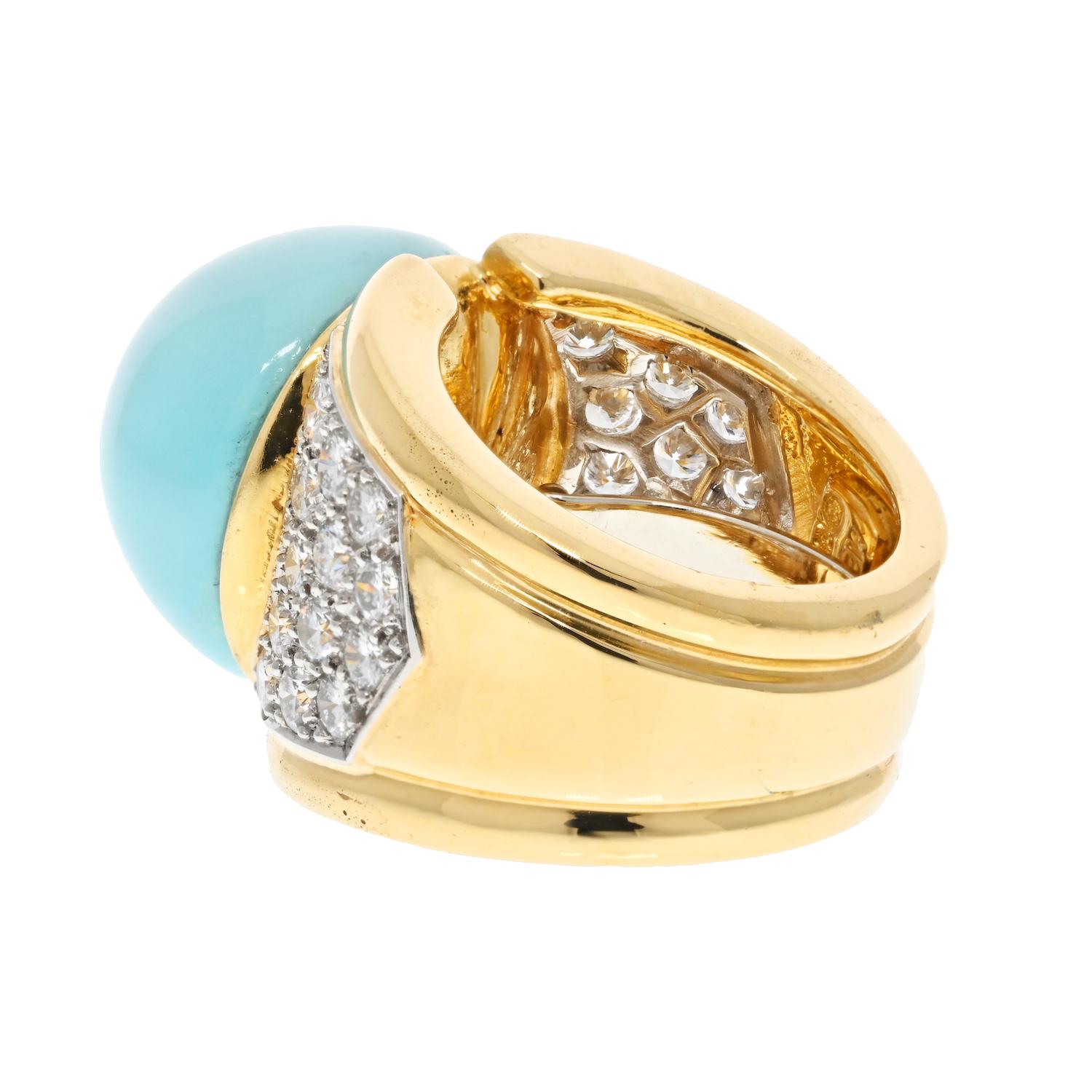 Round Cut David Webb 18K Yellow Gold Cabochon Turquoise And Diamond Ring For Sale