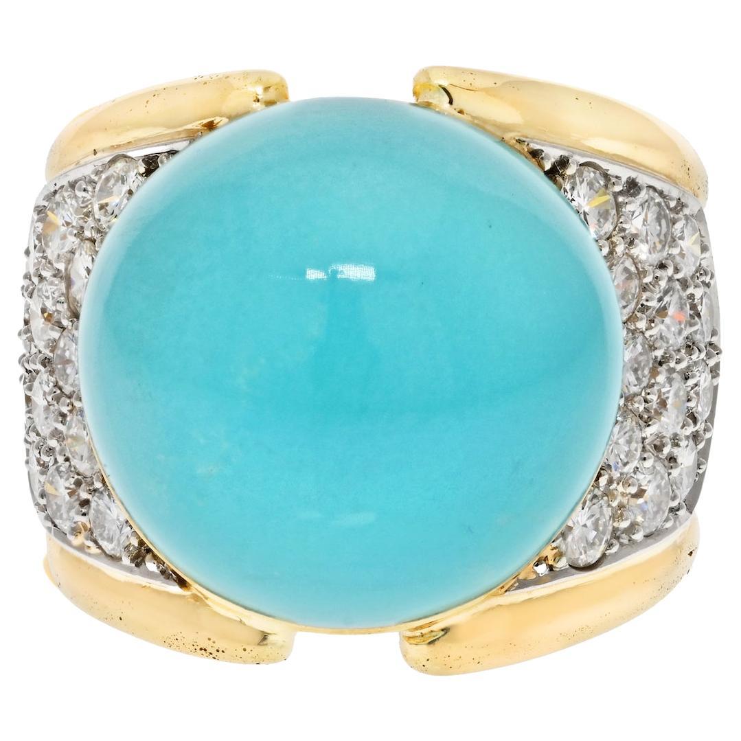 David Webb 18K Yellow Gold Cabochon Turquoise And Diamond Ring For Sale
