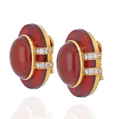 David Webb 18k Yellow Gold  Carnelian and Diamond Clip Earrings