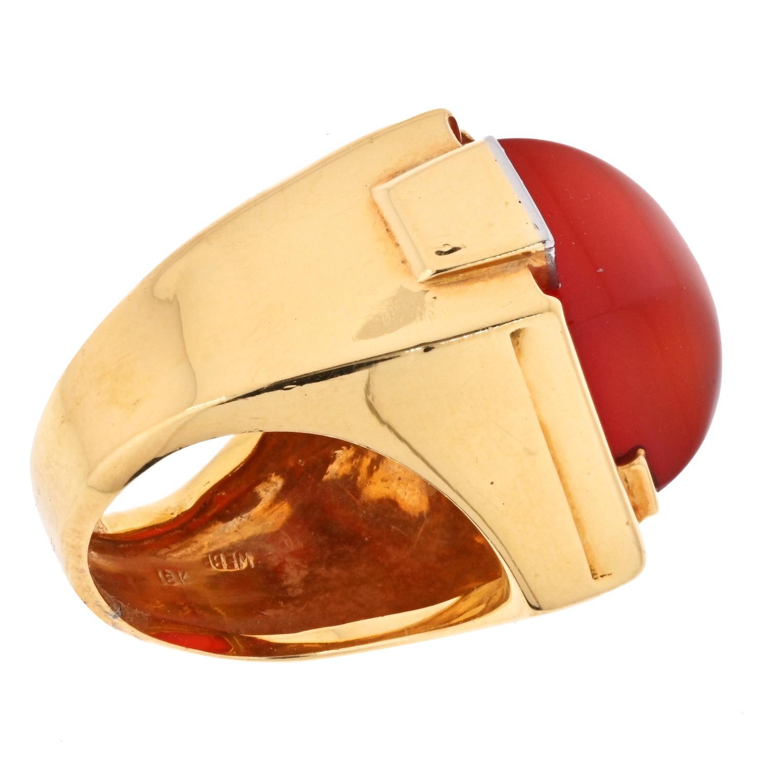 Cabochon David Webb 18K Yellow Gold Carnelian Shield Frame Diamond Ring For Sale