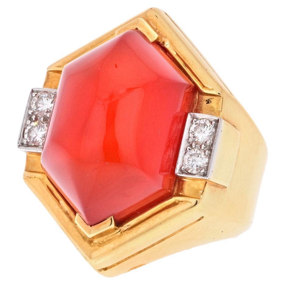 David Webb 18K Yellow Gold Carnelian Shield Frame Diamond Ring