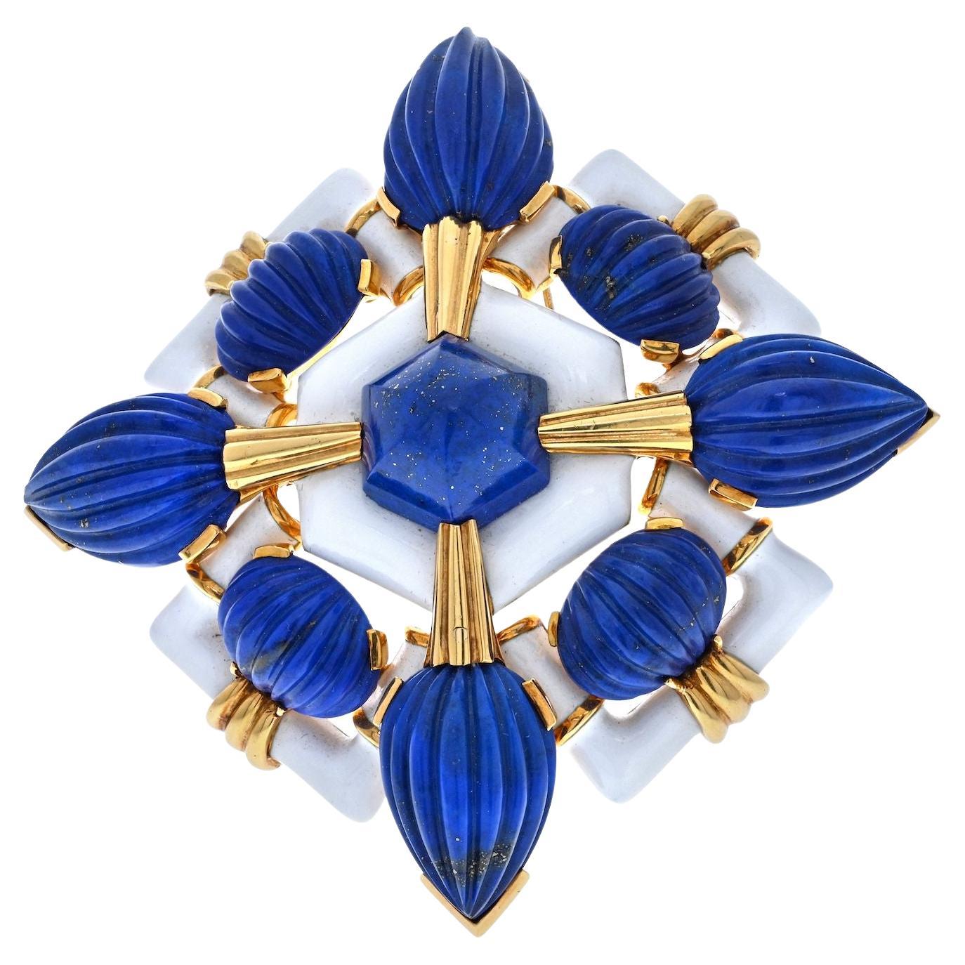 David Webb 18k Yellow Gold Carved Blue Lapis Lazuli and White Enamel Brooch
