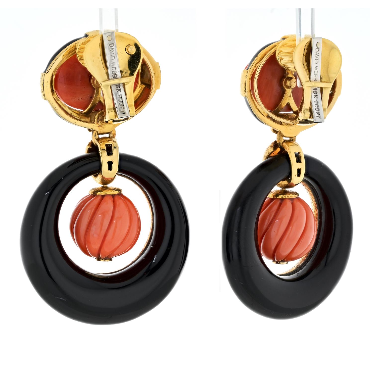 Cabochon David Webb 18K Yellow Gold Carved Coral, Black Onyx Door Knocker Earrings For Sale