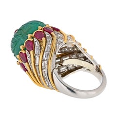 David Webb 18K Yellow Gold Carved Emerald, Ruby And Diamond Cocktail Ring
