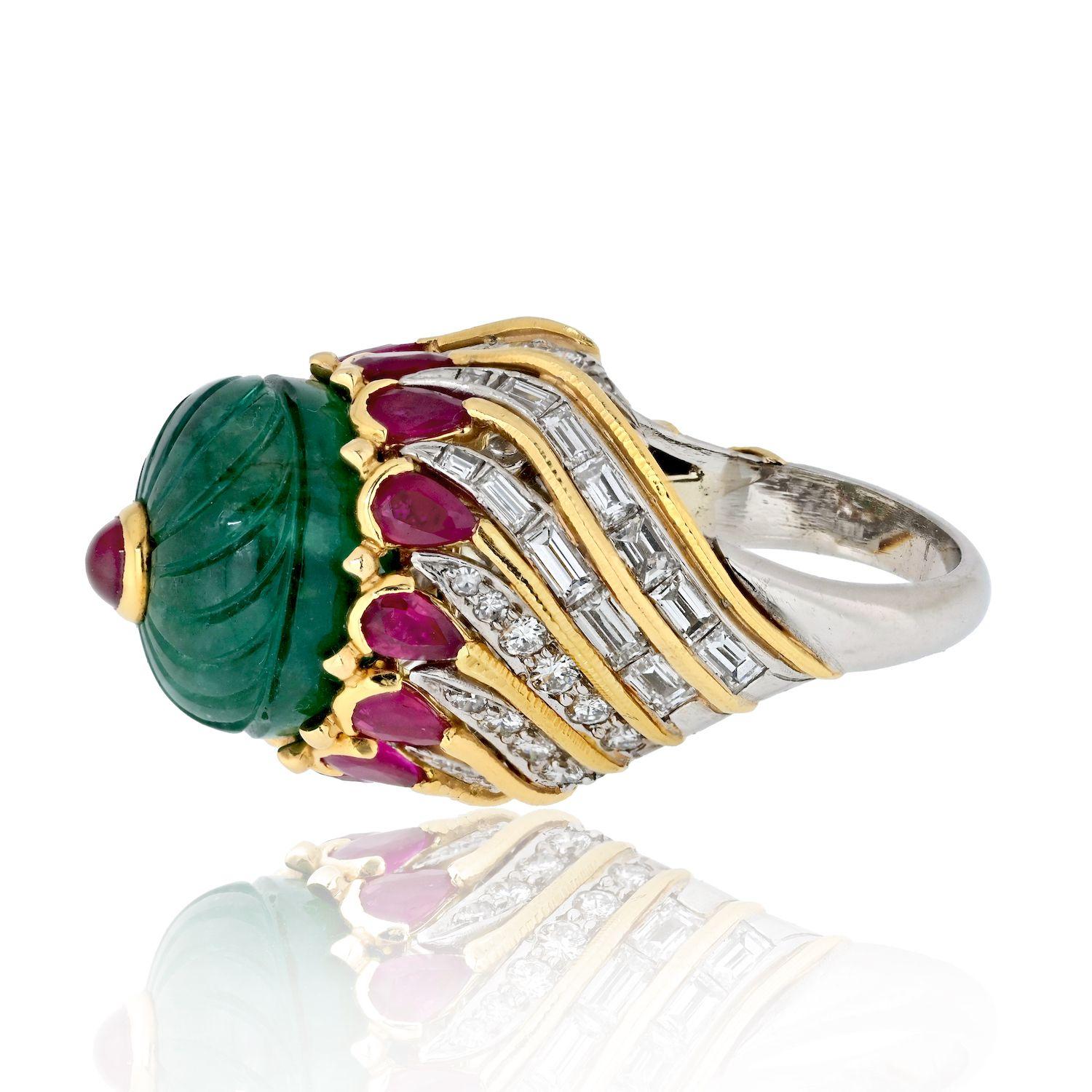 Modern David Webb 18K Yellow Gold Carved Emerald, Ruby And Diamond Cocktail Ring For Sale
