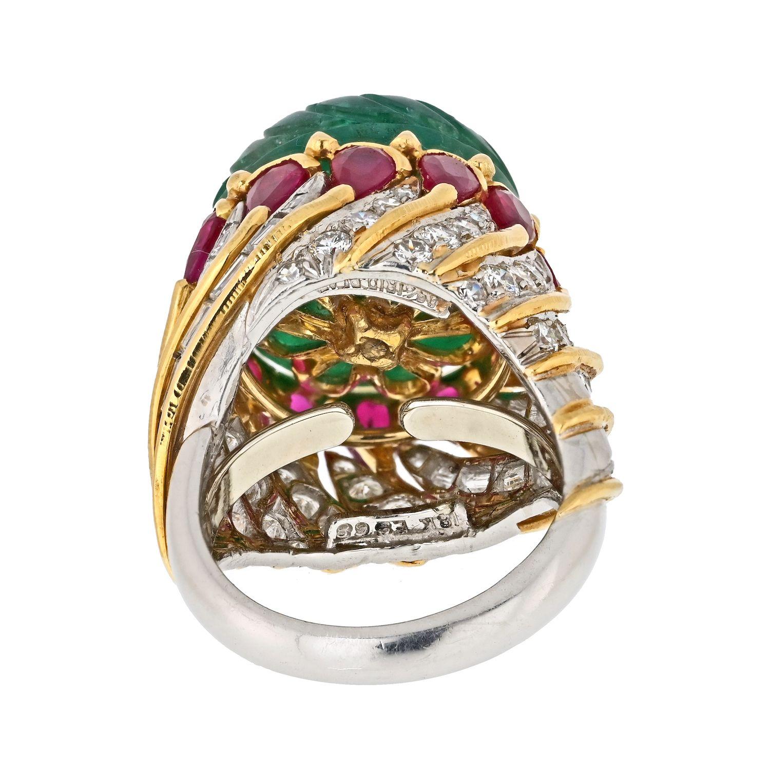 Emerald Cut David Webb 18K Yellow Gold Carved Emerald, Ruby And Diamond Cocktail Ring For Sale