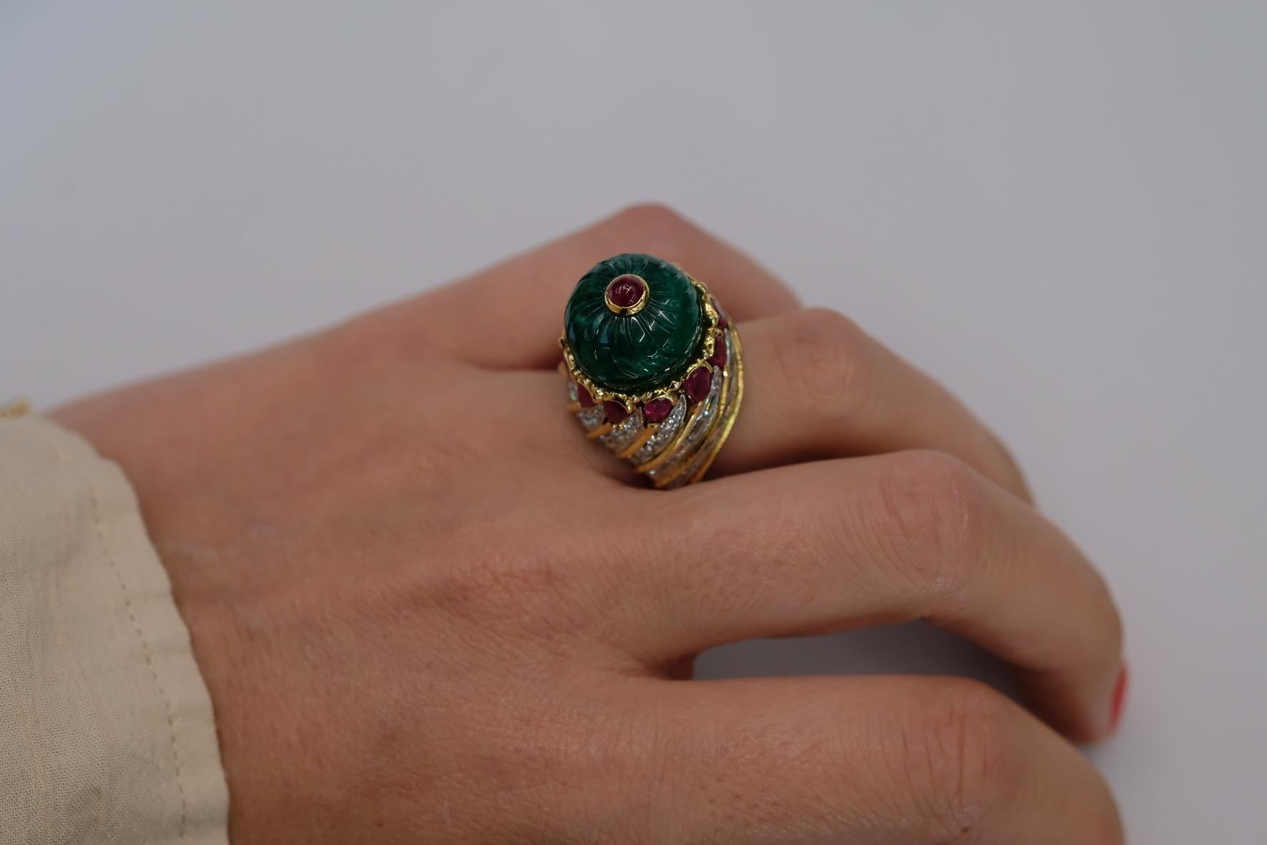 Women's David Webb 18K Yellow Gold Carved Emerald, Ruby And Diamond Cocktail Ring For Sale