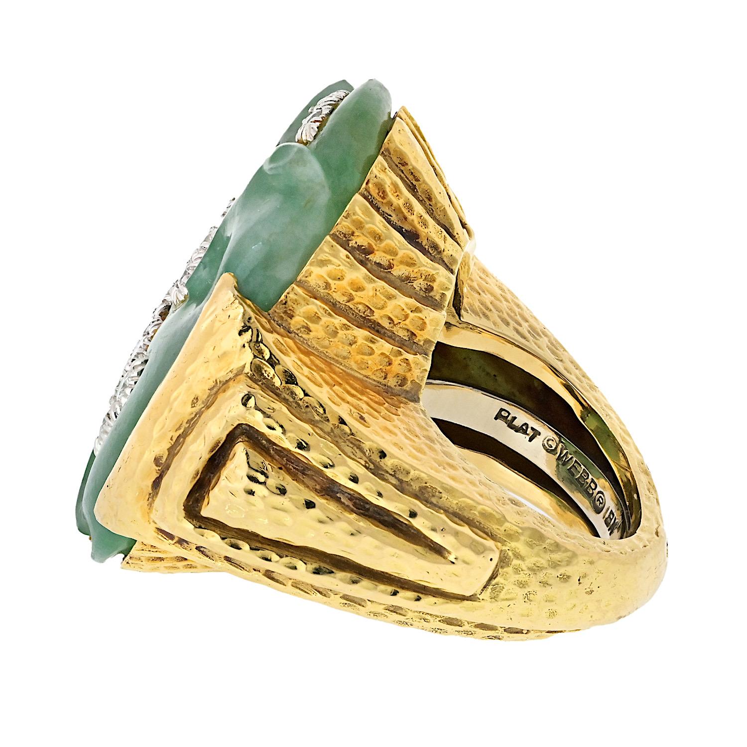 Round Cut David Webb 18K Yellow Gold Carved Jade And Diamond Ring For Sale