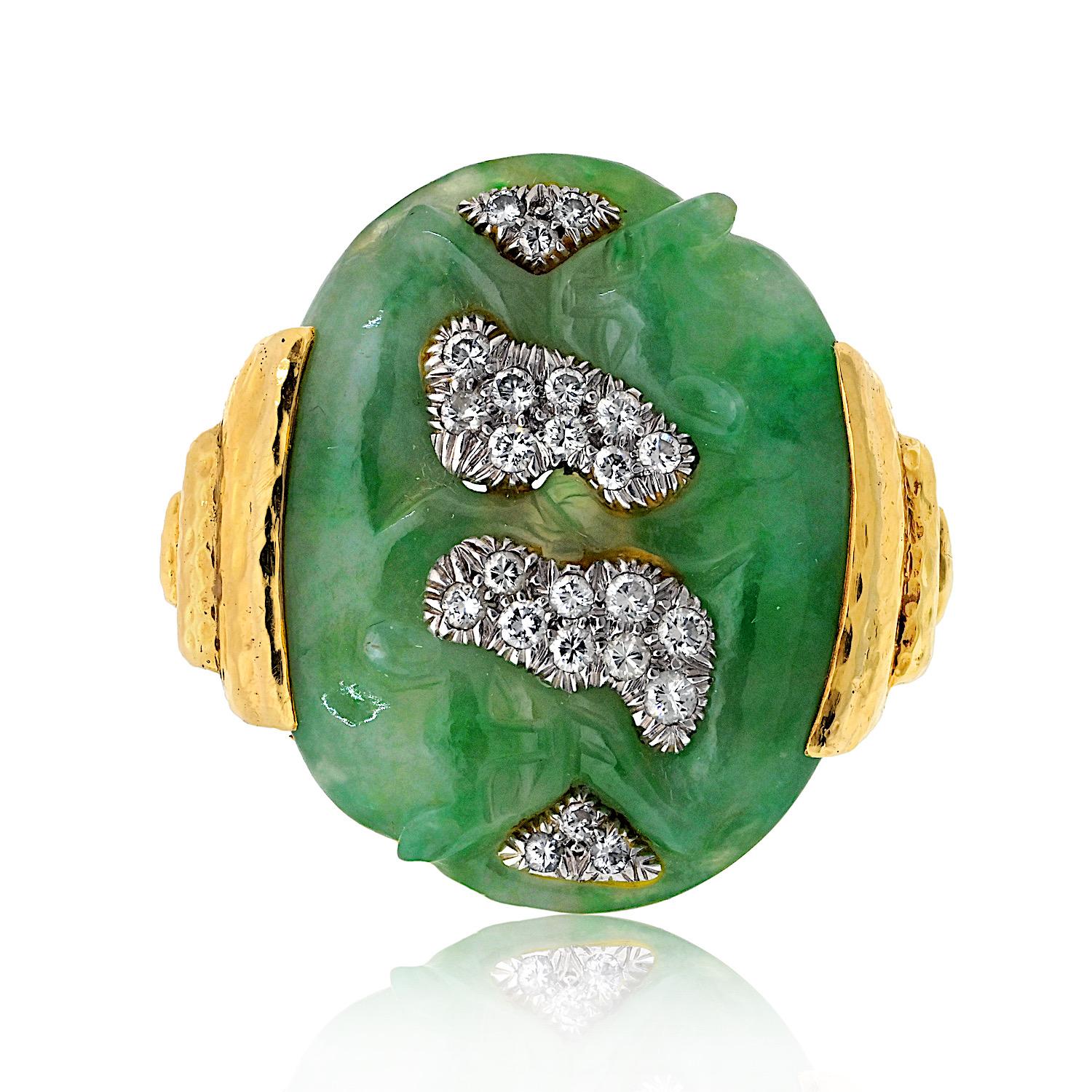 David Webb 18K Yellow Gold Carved Jade And Diamond Ring