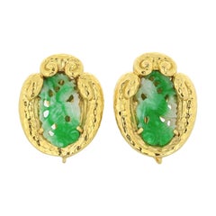 David Webb 18k Yellow Gold Carved Jade Clip-On Earrings