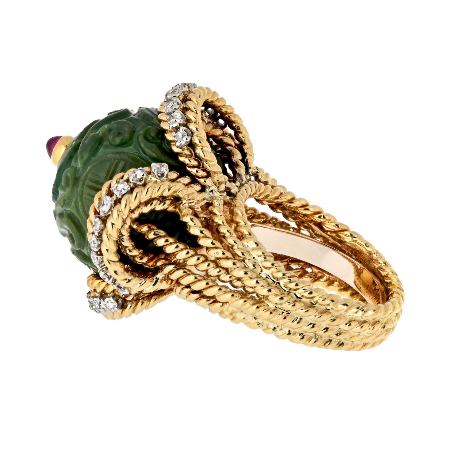 Cabochon David Webb 18K Yellow Gold Carved Jade, Diamonds And A Ruby Ring For Sale