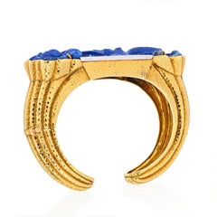 David Webb 18K Yellow Gold Carved Lapis Lazuli Cuff Diamond Bracelet