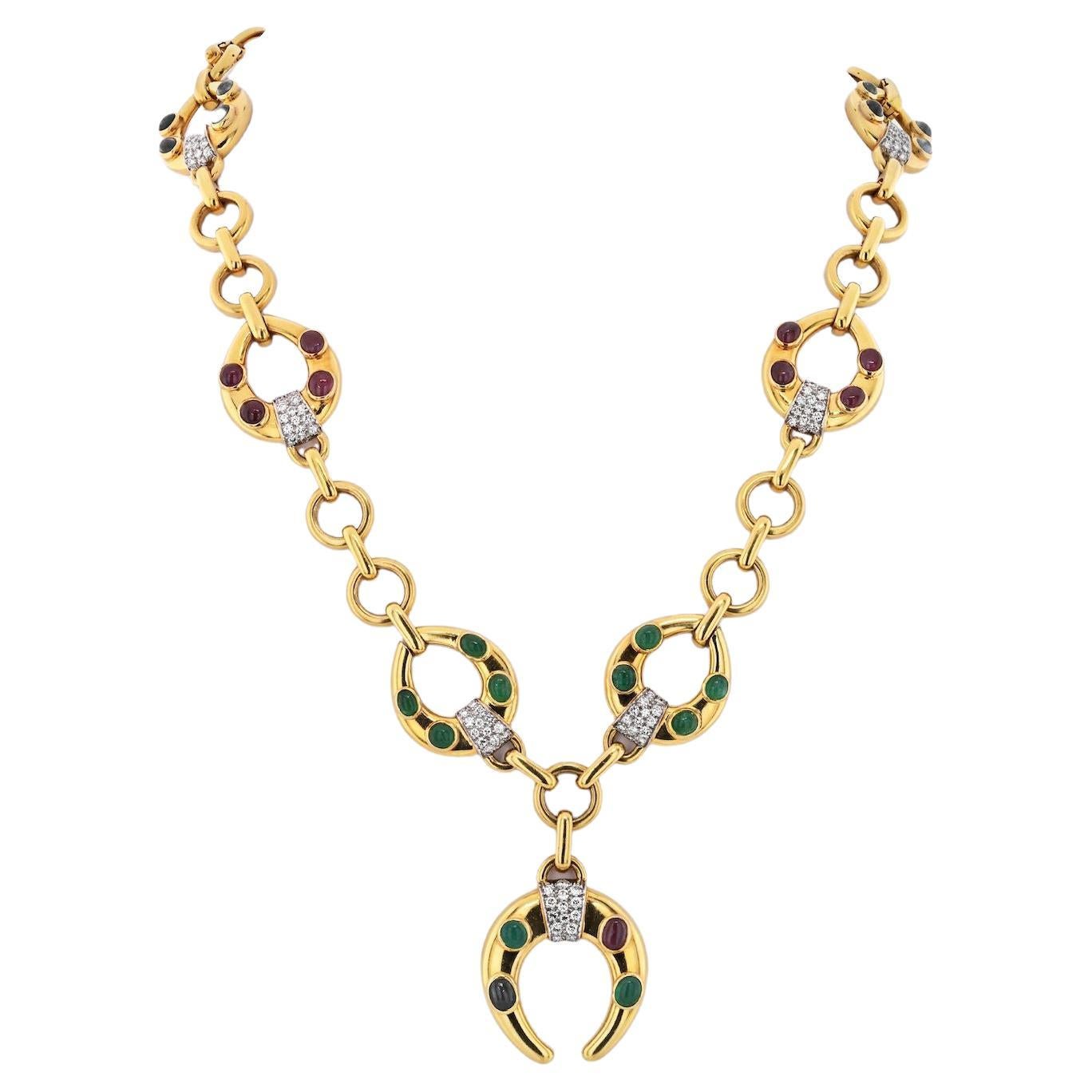 David Webb 18K Yellow Gold Celtic Crescent Gemstone Necklace For Sale