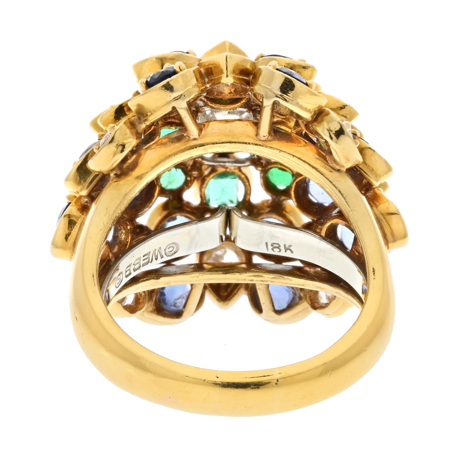 Round Cut David Webb 18k Yellow Gold Cluster Gemstone Cocktail Fashion Ring For Sale