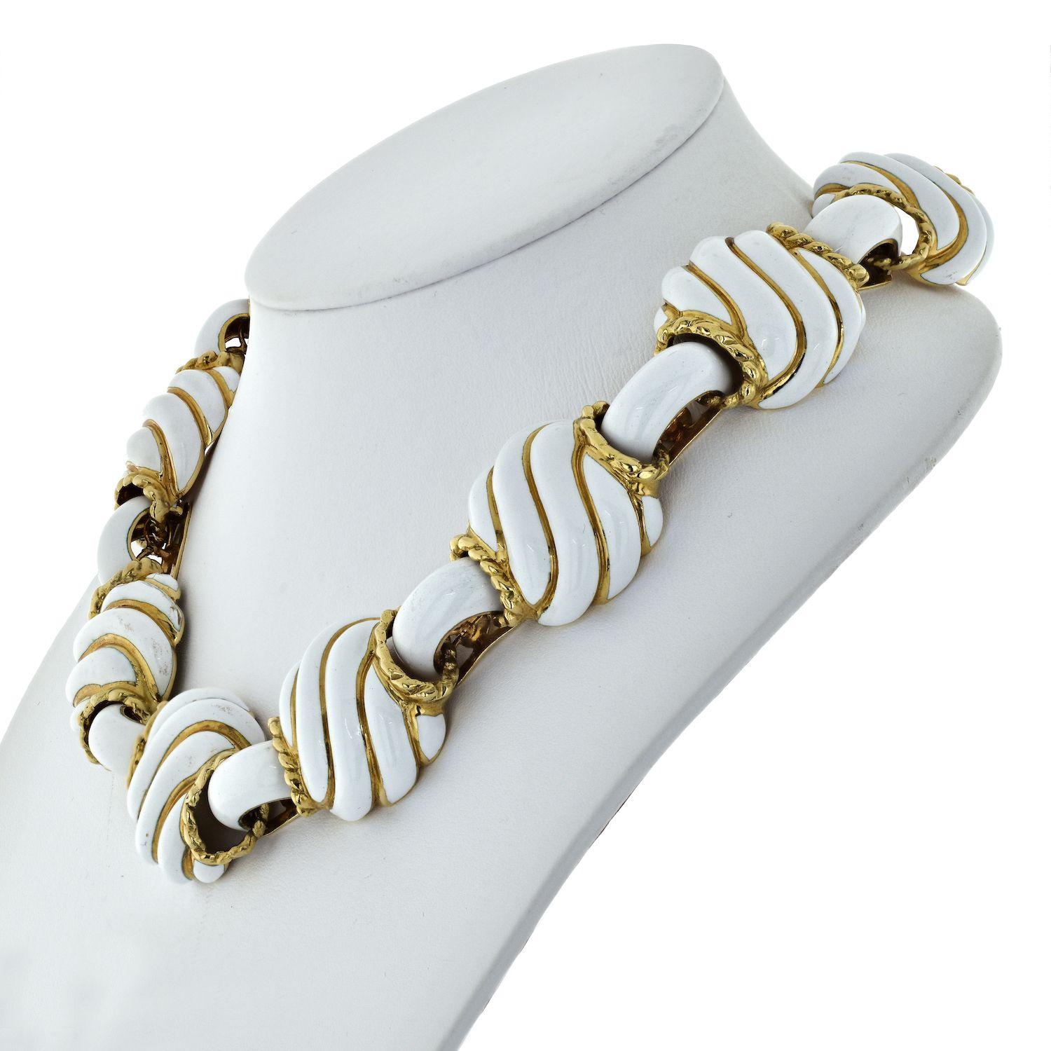 Modern David Webb 18K Yellow Gold Collapsible White Enamel Choker Necklace