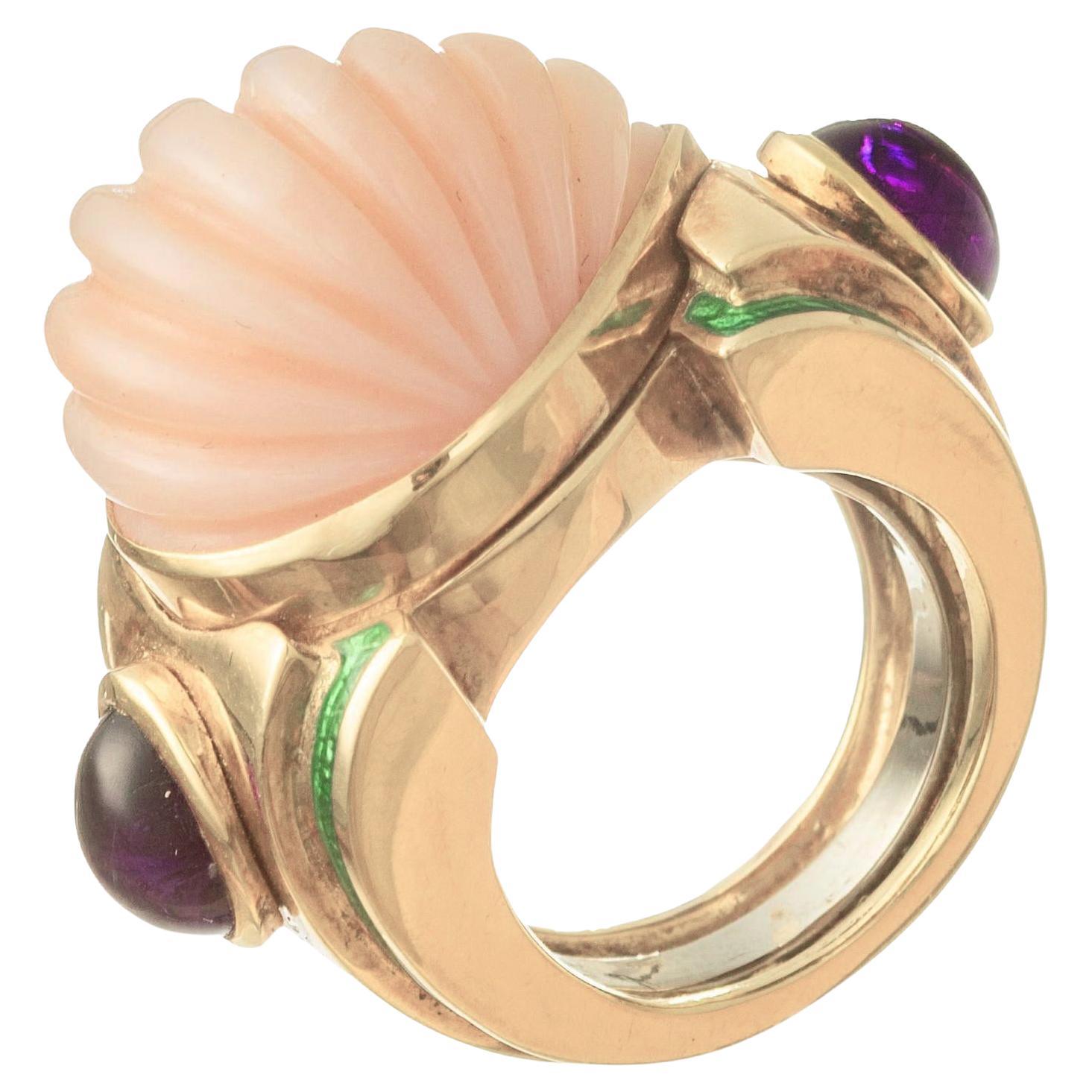 David Webb 18 Karat Gelbgold Koralle Amethyst-Emaille-Ring (Cabochon)
