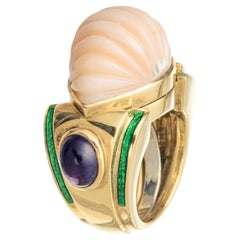 David Webb 18 Karat Gelbgold Koralle Amethyst-Emaille-Ring