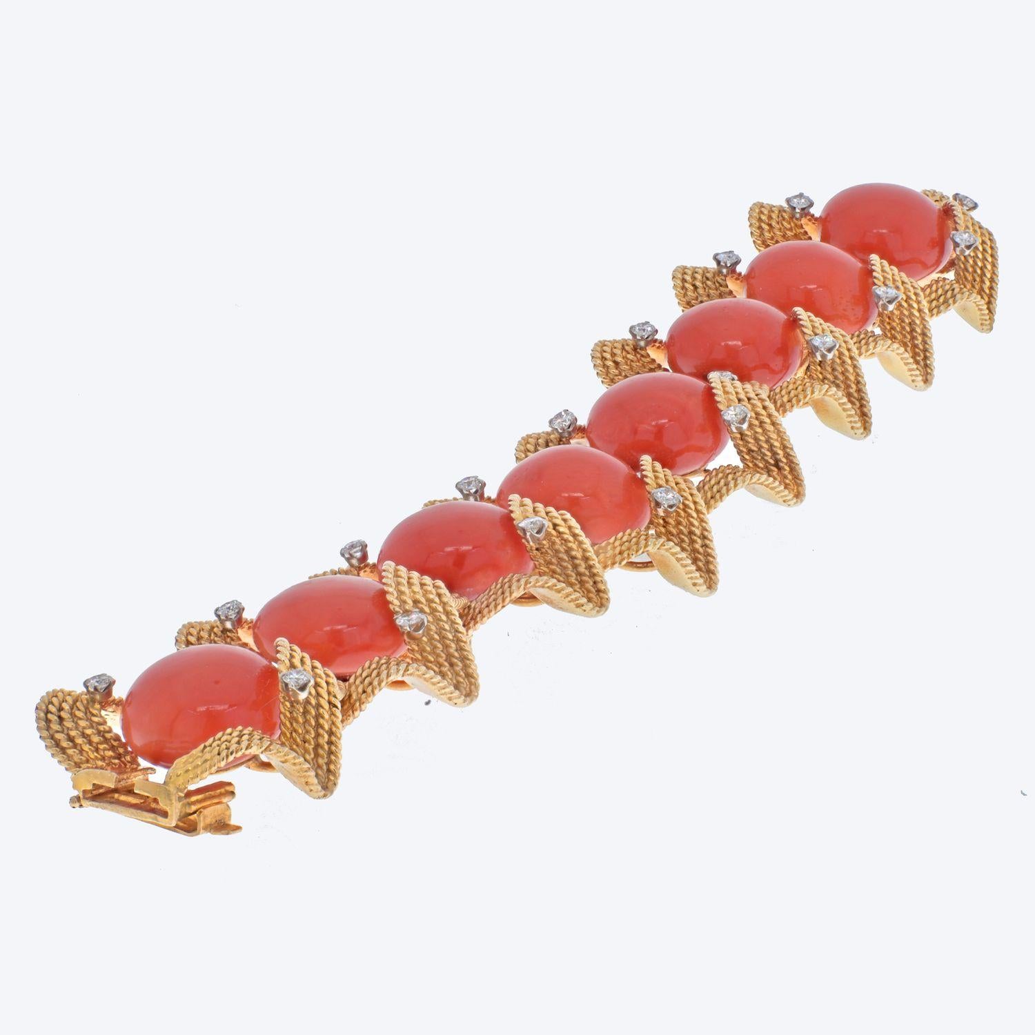 Modern David Webb 18K Yellow Gold Coral and Diamond 1960's Bracelet For Sale
