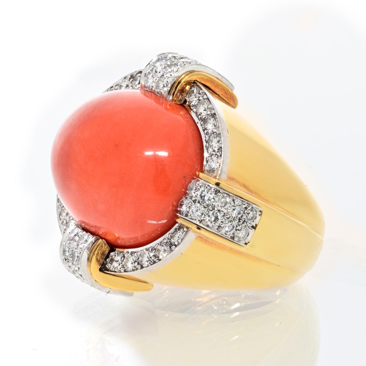 Modern David Webb 18K Yellow Gold, Coral and Diamond Cocktail Ring For Sale