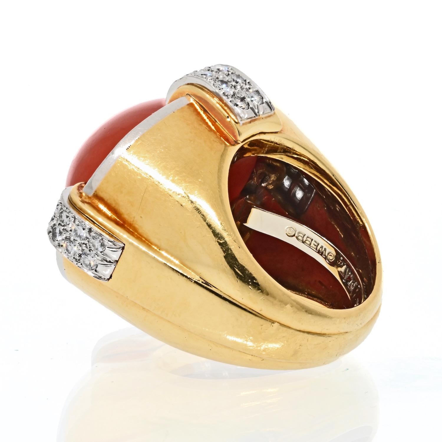 Cabochon David Webb 18K Yellow Gold, Coral and Diamond Cocktail Ring For Sale