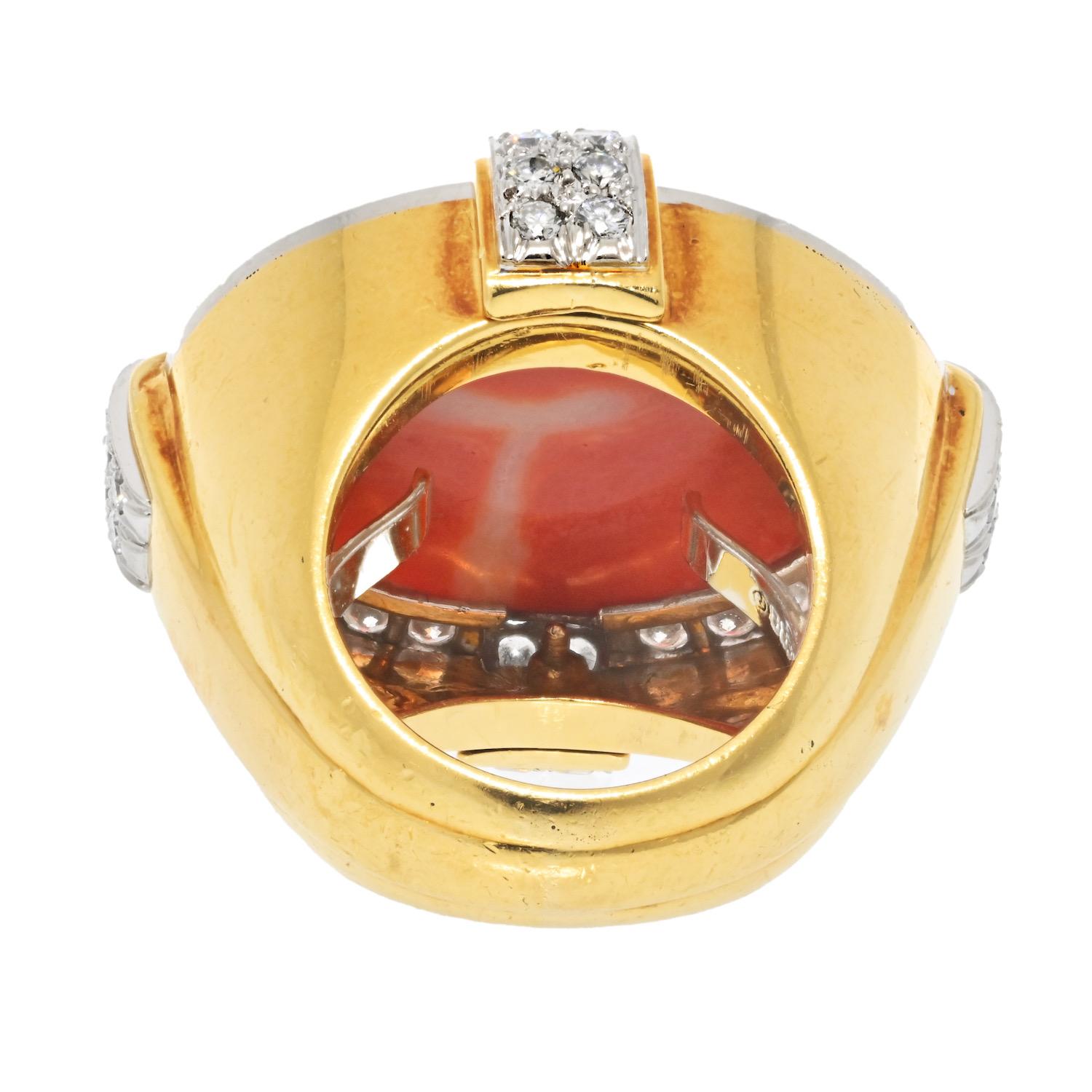 David Webb 18K Yellow Gold, Coral and Diamond Cocktail Ring In Excellent Condition For Sale In New York, NY