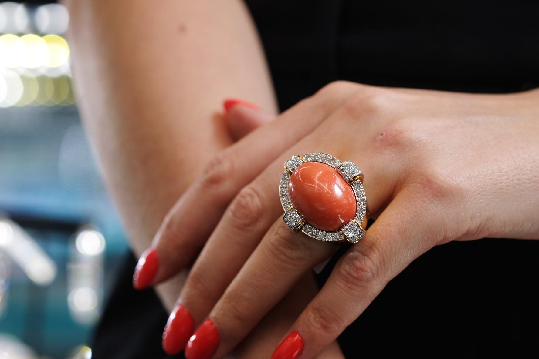 Women's David Webb 18K Yellow Gold, Coral and Diamond Cocktail Ring For Sale